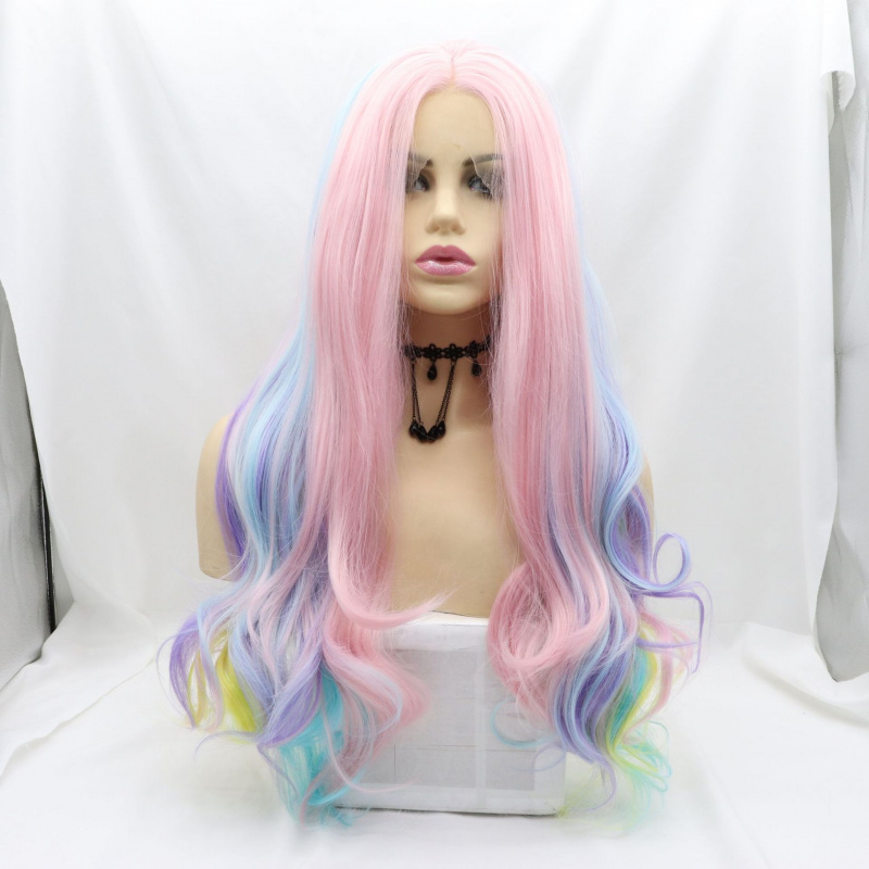 Wig Fiber Net - Handgewebte Halloween-Kunsthaarperücke mit Spitzenfront, bunten großen